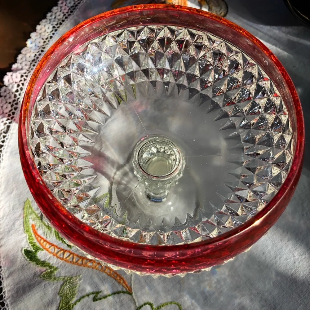 Vintage Indiana Glass Diamond Cut Pedestal Compote Dish. Ruby Flashing. 7.5